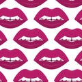 Plump lips. The seductive mouth is slightly open. Repeating vector pattern. Seamless seductive ornament. Endless background.