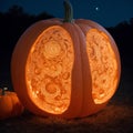 A plump orange pumpkin, its surface adorned with intricate swirls AI-Generated