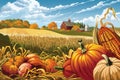plump pumpkins, corn stalks, and a red barn in the background. Generative AI Royalty Free Stock Photo