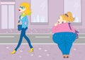 Overweight woman want to be slim.Vector women in c