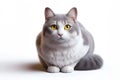 Plump white gray fluffy cat with yellow eyes looking camera sitting on white background. Generative Ai