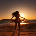 Plump woman dancing on beach Royalty Free Stock Photo