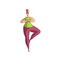 Plump woman doing yoga exercise, standing on one leg with hands in prayer position. Hand drawn vector design Royalty Free Stock Photo