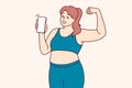 Plump woman in fitness clothes demonstrates biceps and encourages use mobile phone with sports apps