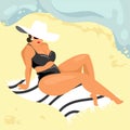 Plump woman in swimsuit and hat sunbathes on the beach near the sea or ocean vector illustration. Royalty Free Stock Photo