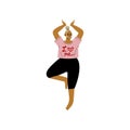 Plump Woman in Tree Pose, Curvy Girl Practicing Yoga, Healthy Lifestyle Vector Illustration