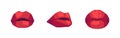 Plump Women Lips with Bright Red Lipstick. Sensual Female Mouths Open Slightly and Buttonhole Icons. Vector Illustration