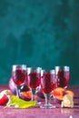 Plums strong alcoholic drink in shots. Hard liquor, slivovica, plum brandy or plum vodka with ripe plums Royalty Free Stock Photo