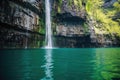 plunge waterfall over sheer cliff into turquoise lake