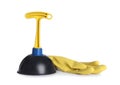 Plunger with plastic handle and rubber gloves on white