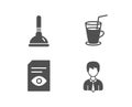 Plunger, View document and Cocktail icons. Businessman sign. Clogged pipes cleaner, Open file, Fresh beverage. Royalty Free Stock Photo