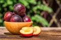 Pluot, mix of plum and apricot in wooden bowl Royalty Free Stock Photo