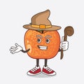 Pluots Fruit cartoon mascot character as a witch wearing hat and staff