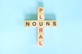 Plural nouns concept in English grammar education. Wooden block crossword puzzle flat lay in blue background. Royalty Free Stock Photo