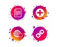 Plus circle and hyperlink signs. File, globe. Vector Royalty Free Stock Photo
