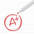 A plus grade on line paper with red pen Royalty Free Stock Photo
