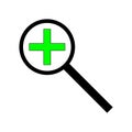 Plus in magnifying glass. Green icon. Analysis process. Focus tool. Outline symbol. Vector illustration. Stock image. Royalty Free Stock Photo