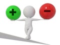 Plus minus balance 3d human character balancing while holding one red and one green ball positive negative - 3d rendering Royalty Free Stock Photo