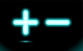 Plus and minus blue glowing neon ui, ux, icon. Matematical symbol. Ad design balance concept pluses or minuses, Luminescent vector