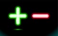 Plus and minus green, red glowing neon icon. Vector illustration