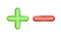 Plus and minus icon green, red symbol. Ui, ad. Design realistic plastic toy. Balance concept pluses or minuses, 3D isolated on