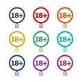 Plus 18 prohibition sign for people under eighteen years of age color set