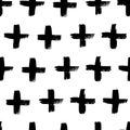 Plus signs and crosses seamless pattern of brush strokes. Vector monochrome grunge texture from X.