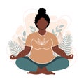 Plus size african american woman meditating and sitting in lotus on the natural background. Attractive overweight girl. Concept
