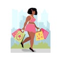 Plus size african american woman in a pink dress with shopping bags on city background. Cute vector illustration drawing in flat Royalty Free Stock Photo