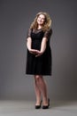 Plus size fashion model in black dress, fat woman on gray background Royalty Free Stock Photo