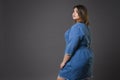 Plus size fashion model in casual jeans clothes, fat woman on gray background, overweight female body Royalty Free Stock Photo