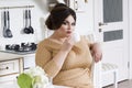 Plus size fashion model on kitchen, fat woman on luxury interior, overweight female body Royalty Free Stock Photo