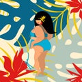 Plus size fat girl in swimwear on colorful background. Happy body positive concept. Love your body type. Girl power motivation