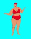 Plus size girl in red lingerie. A beautiful and cheerful woman who loves her body.