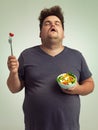 Plus size man, salad and diet with healthy food with fork, bowl and vegetables for wellness on studio background. Male