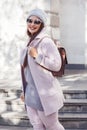 Plus size model in pink coat Royalty Free Stock Photo