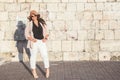 Plus size model wearing fashion clothes in city street Royalty Free Stock Photo