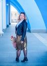 Plus size nice woman in suit at street, spring trends Royalty Free Stock Photo