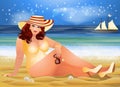Plus size sexual woman on the beach, summer time card, vector