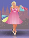 Plus size shopping woman in city, vector