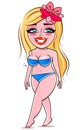 Plus size woman in bikini, body positive lady in blue dotted swimsuit isolated, flat cartoon. Vector full plus size girl