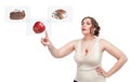 Plus size woman making choice between healthy and unhealthy food Royalty Free Stock Photo