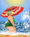 Plus size woman with parasol on the summer beach, vector Royalty Free Stock Photo