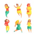 Plus Size Woman with Plump Figure and Happy Face Standing and Running Vector Set