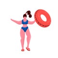 Plus size woman with rubber ring. Girl in bikini with inflatable circle in swimming pool. Positive woman in swimming suit and flip