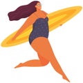 Plus size woman in swimsuit with surfboard running on white background. Active body positive concept Royalty Free Stock Photo