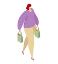 Plus size woman walking with eco shopping bags. Confident female shopper with groceries. Consumerism and sustainable