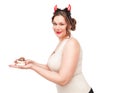 Plus size woman winking and seducing with pastry Royalty Free Stock Photo