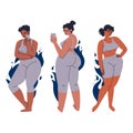 Plus size women. Multicultural female characters in a gray tight-fitting tracksuit. Set of overweight women on a