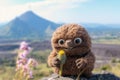 Plush animal toy with a flower. Beautiful mountains in the background